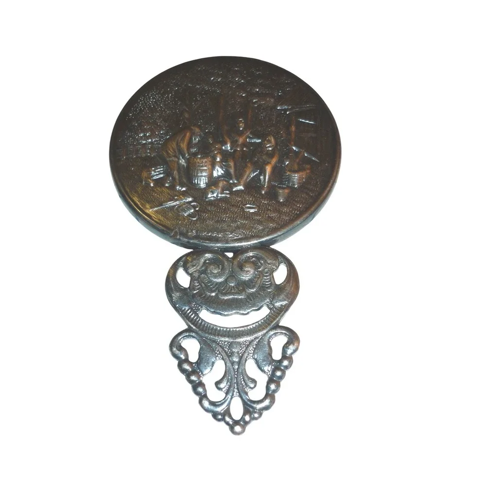Vintage Denmark Silver Tone Repousse Tavern Scene Ornate‎ Hand Purse Mirror 5